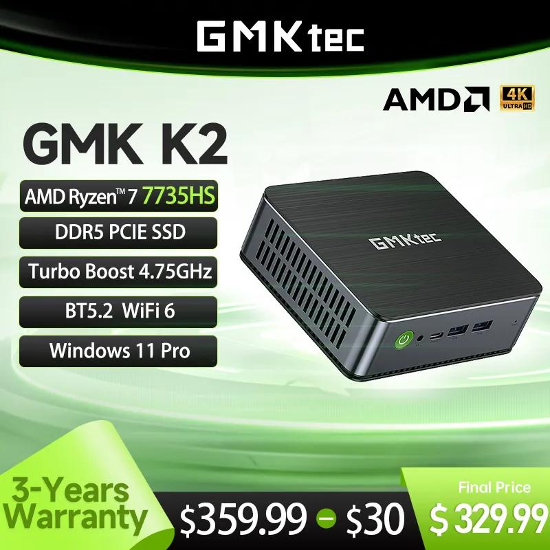 GMKtec 데스크탑 게임용 컴퓨터 미니 PC, K2, AMD 라이젠 7 7735HS, 8C, 16T, DDR5, 16 GB, 32GB, 512GB, 1TB SSD, 윈도우 11 프로, BT5.2, WiFi6